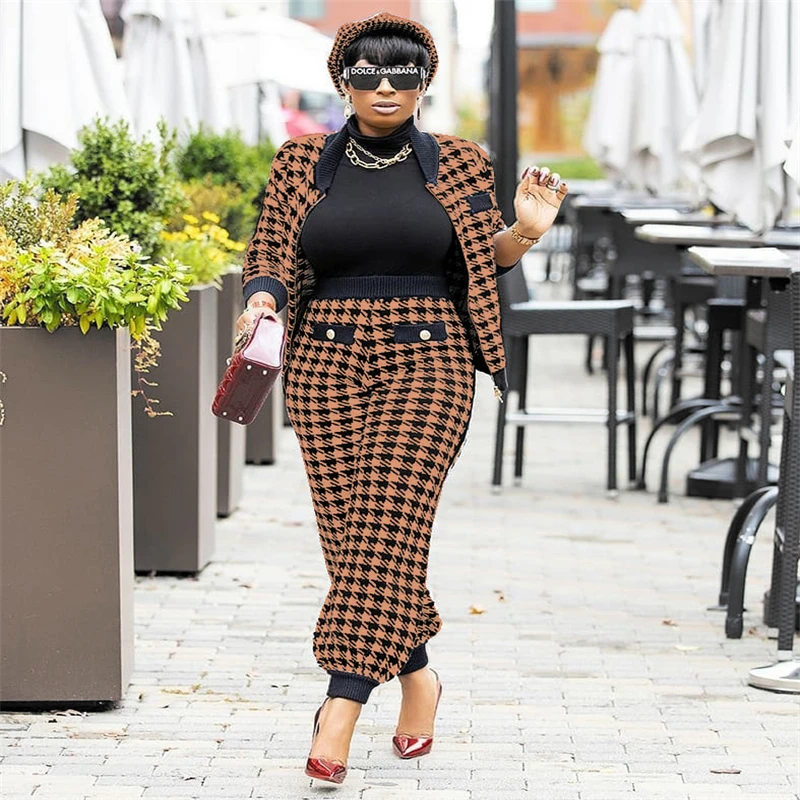 

Houndstooth Print Two Piece Set Women Pants Suit Fashion Casual Long Sleeve Zipper Up Coat Pants Set 2021 Vintage Office Outfits