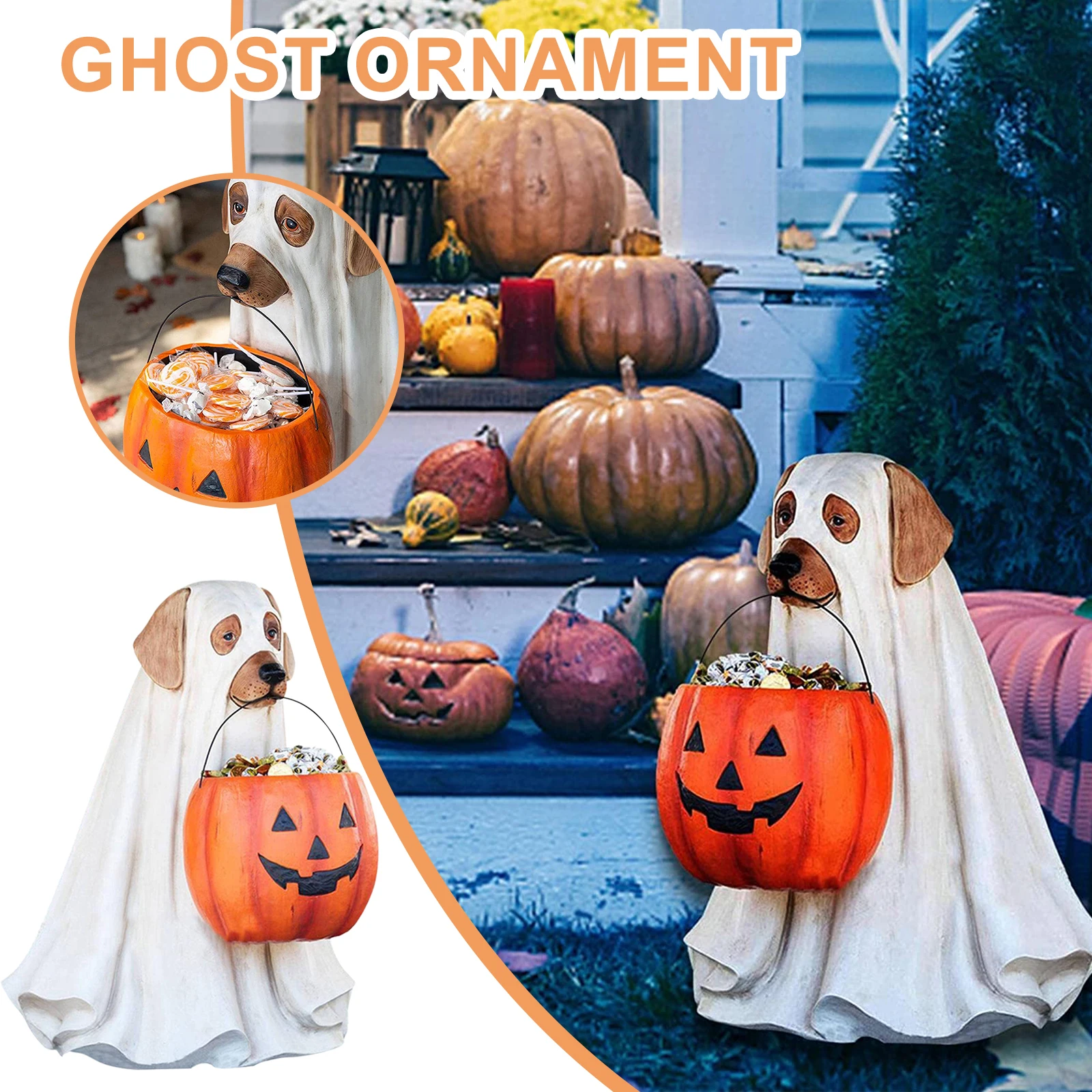 

Halloween Resin Ghost Dog Cat Sculpture Snack Candy Bowl Garden Statue Halloween Candy Bowl Holder for Indoor Outdoor Halloween