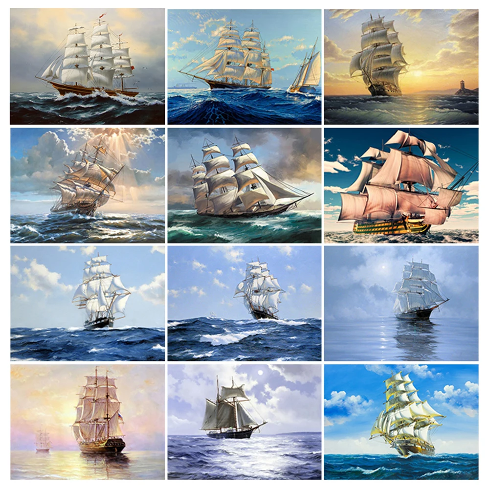 Алмазная 5d картина MTEN полноразмерная/круглая Морской лодки небесный пейзаж