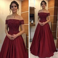 2020 prom dresses off the shoulder burgundy long applique lace beautiful women graduation dress satin elegant robe de soiree