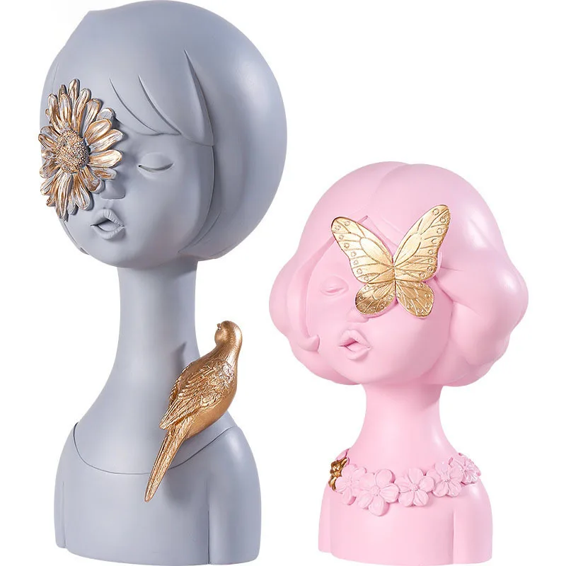 

Lovely Pink Girl Resin Portraits Bust Figurines Desktop Decoration Modern Home Decor Crafts Sculpture Girly Room Decoration
