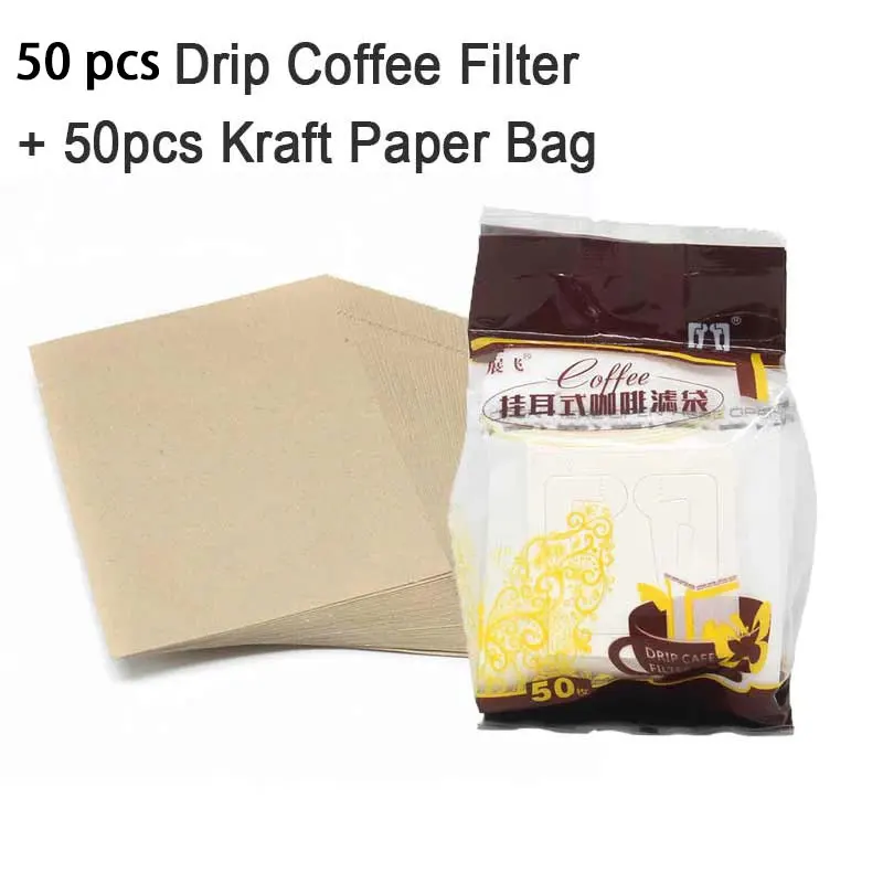 Juego de 50/100/200 bolsas de filtro de caf&eacute; de papel Kraft combinadas y bolsa de caf&eacute;, juego de herramientas de filtros de caf&eacute; por goteo de viaje para oficina port&aacute;til-3
