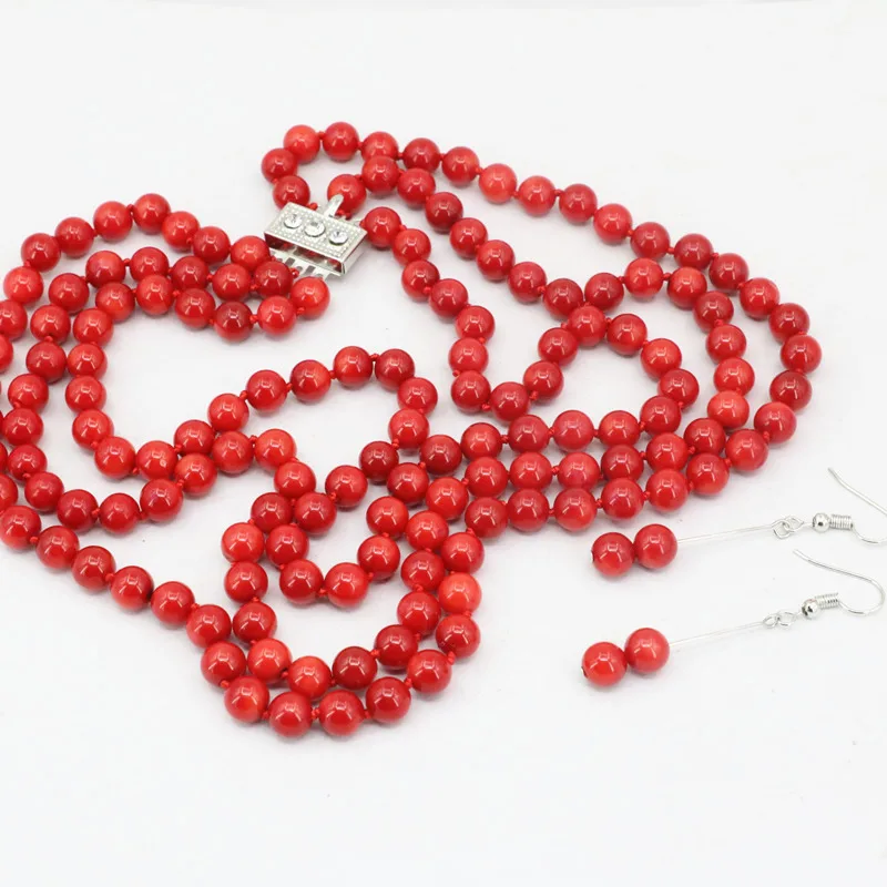 Гладкая 3 ряда ожерелье серьги на крючках 7 мм натуральный красный коралл Круглый