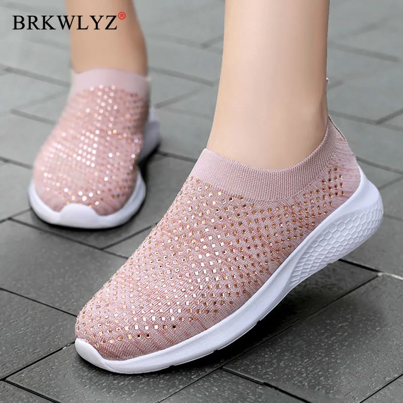 

Кроссовки-носки женские с кристаллами, на плоской вулканизированной подошве