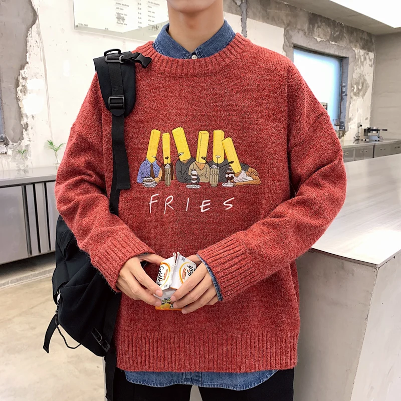 

Harajuku Crewneck Sweater for Mens Fall 2020 Clothing Korean Fashion Knit Red Jumpers University Embroidery Pullover Streetwear