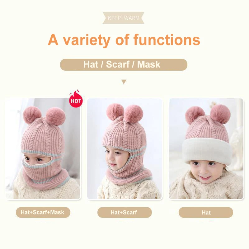 Hibobi-gorros de Invierno 2-5T con bolas peludas, pomp&oacute;n de punto para beb&eacute;s, ni&ntilde;as y ni&ntilde;os, gorro con forro polar c&aacute;lido, gorros con orejeras a prueba de viento-2