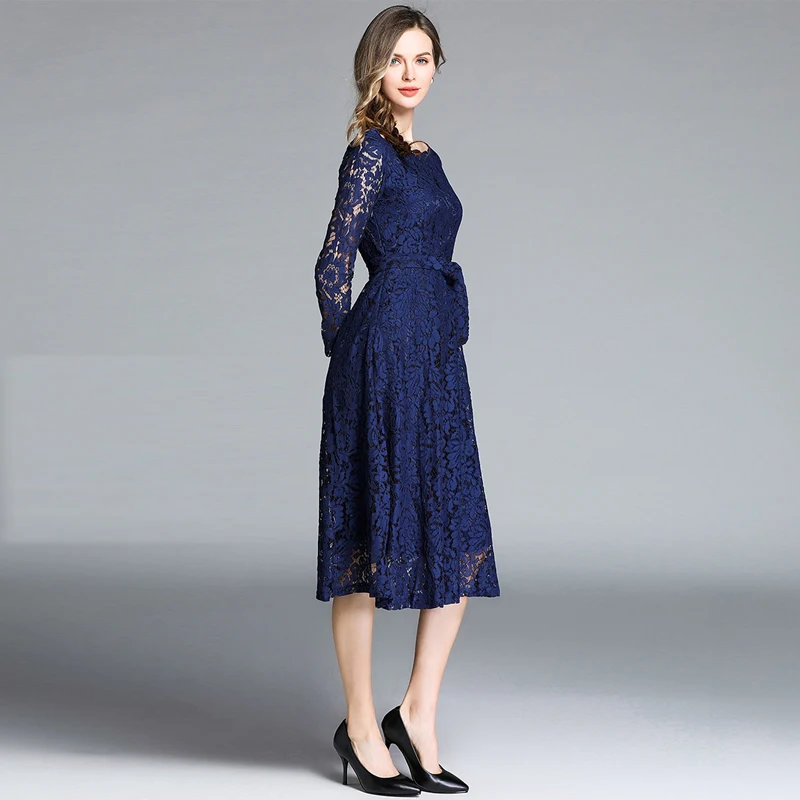 Женское кружевное платье с бантом облегающее повседневное темно-синее