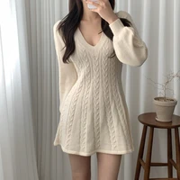 spring autumn knitted sweater dress women korean sexy mini vintage ladies dresses v neck elegant woman sweater femme vestido
