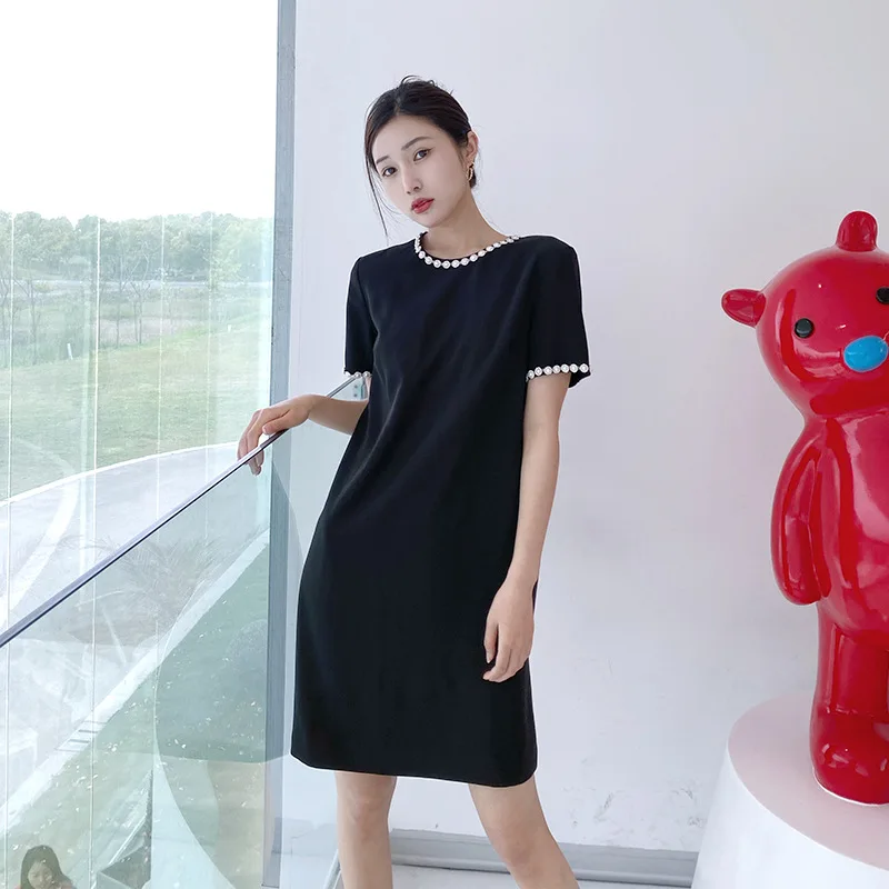

Spring 2021 New Designer Pearls beading short sleeve dress Chic Women's White/black A-line dress B525