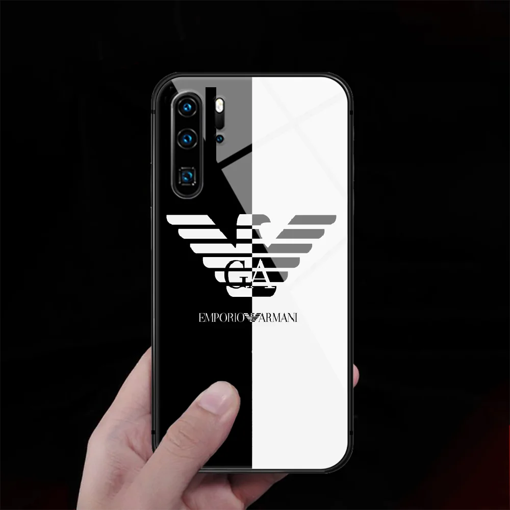 

Ltalian Brand Luxury Tempered Glass Phone Case Cover For Huawei P Nova Mate 5T 20 30 40 Pro Lite Smart 2019 2021 3D Soft Black