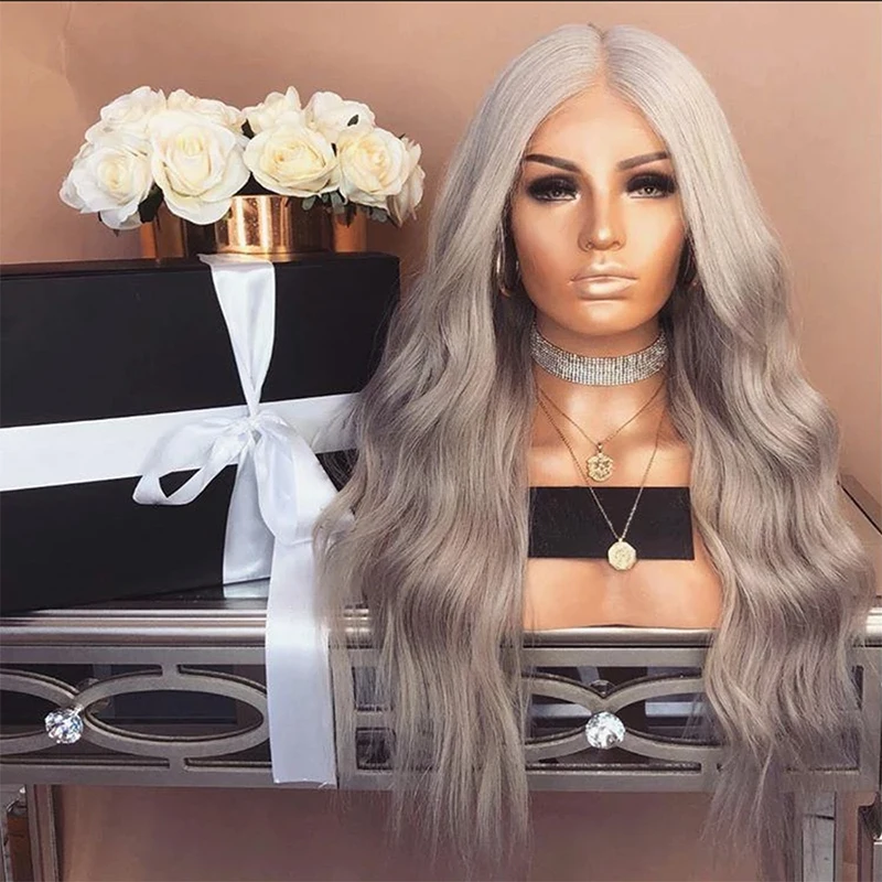 

AIMEYA Silver Grey Long Body Wave Wig Middle Part Synthetic Lace Front Wigs for Women Pre Plucked Natural Hairline Wig Daily Use