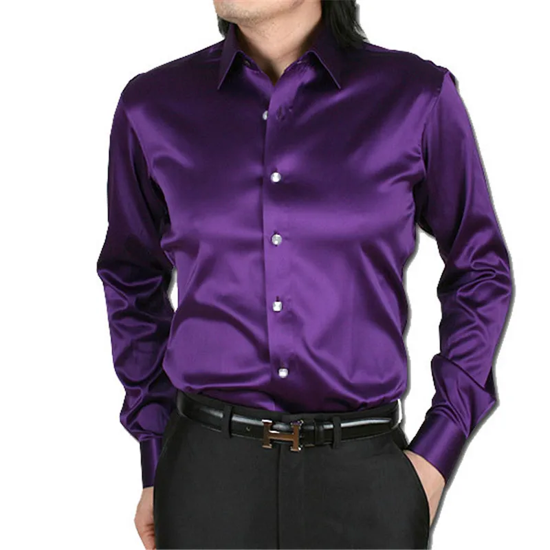 

Fashion Shiny Silky Satin Dress Shirt Luxury Silk Like Long Sleeve Mens Casual Shirts Performance Stage Wear