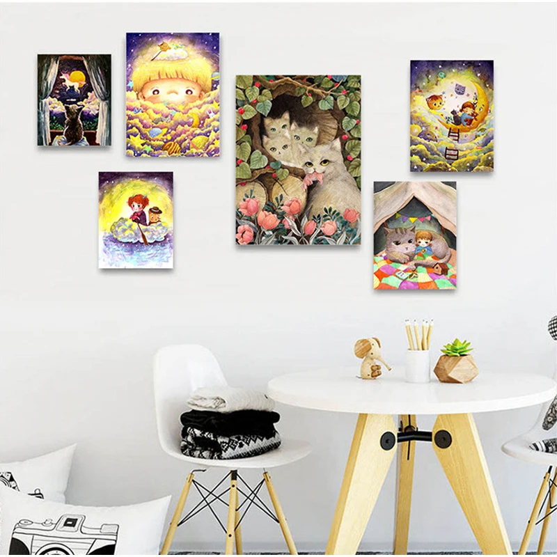 Yumeart абстрактный мультфильм Милая девочка и милая кошка картины на холсте Печать