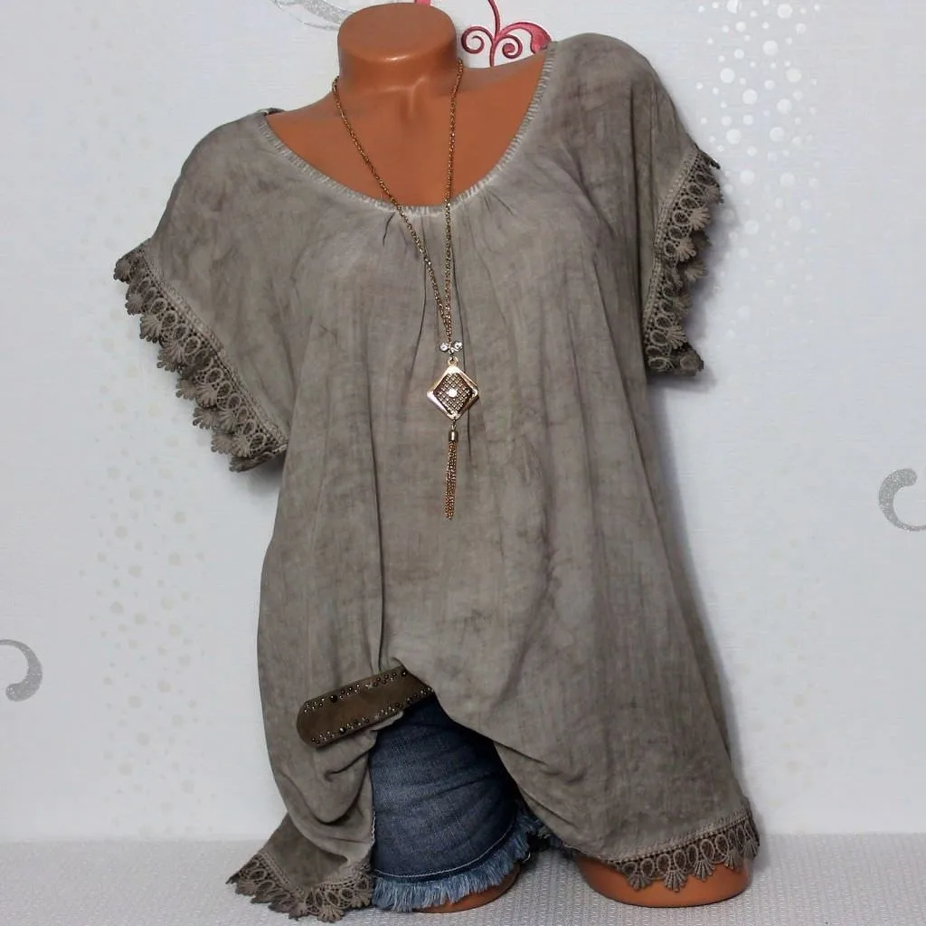 

2021 Summer Short Sleeve Womens Blouses And Tops Loose Lace Patchwork Shirt Plus Size 4xl 5xl Women Tops Casual Clothes