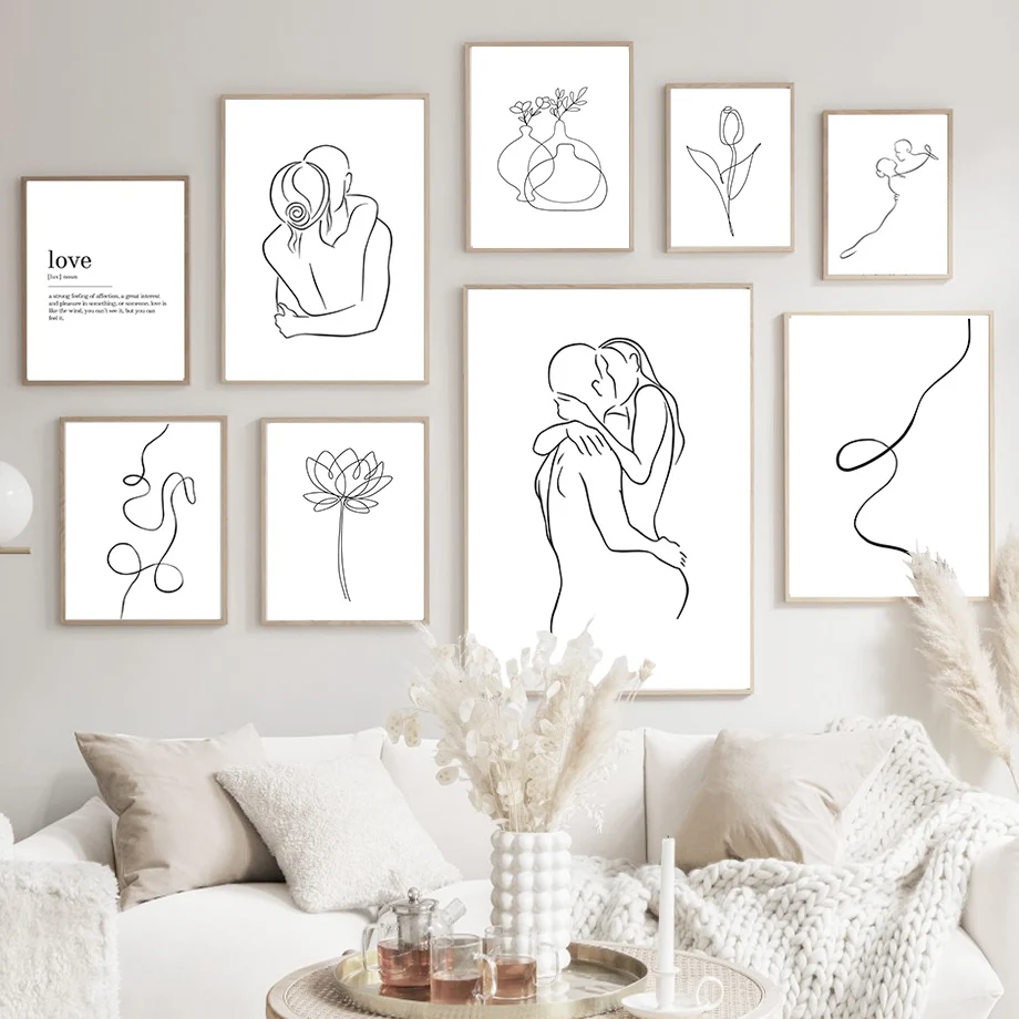 Абстрактная линия девушка любовь цветок современные минималистские плакаты и
