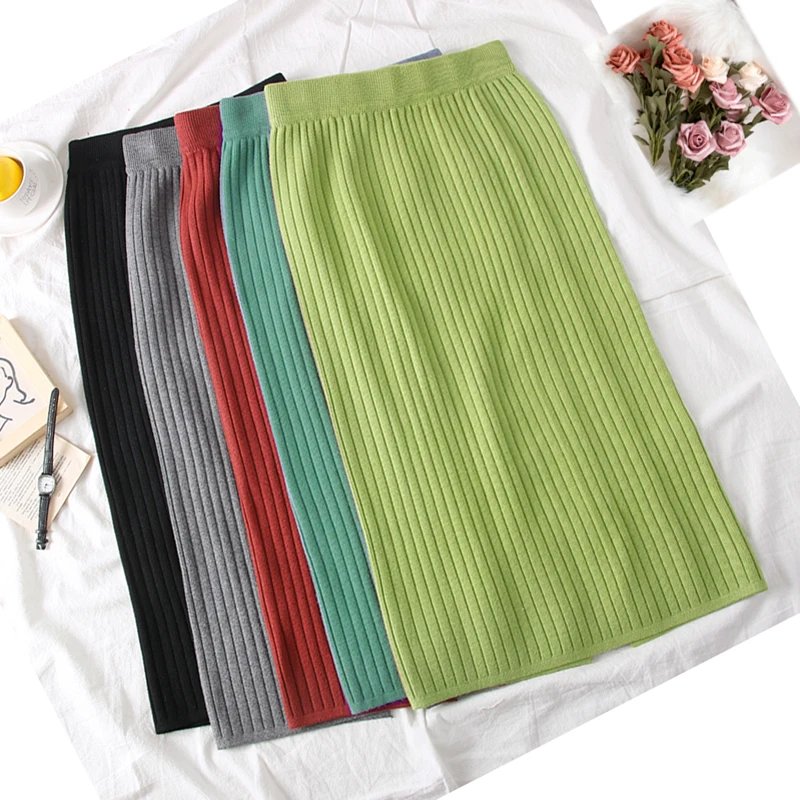 Женская трикотажная юбка свитер с разрезом эластичная средней длины высокой