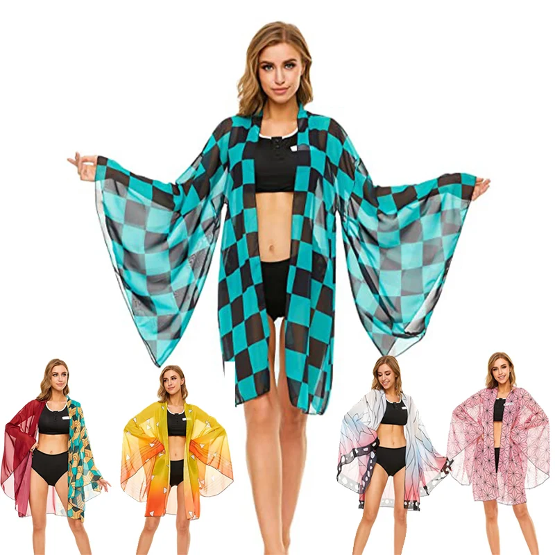 

Anime Demon Slayer Kimetsu No Yaiba Bikini Swimsuit Cosplay Kamado Tanjirou Swimsuit Suit Transparent Kimono Cardigan Cloak
