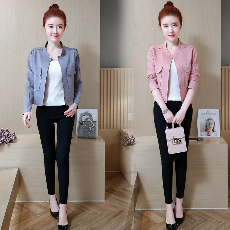 Женская замшевая куртка Gowyimmes Весенняя Короткая Повседневная с длинным рукавом