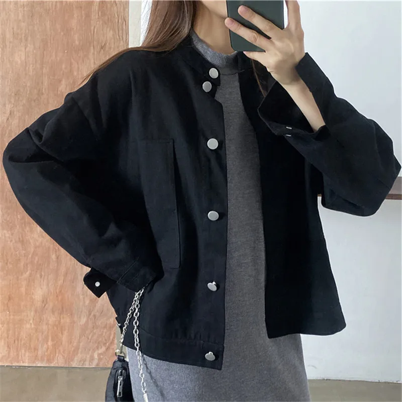 Sungtin Stand Collar White Black Vintage Denim Jacket Women Spring Autumn Loose Casual Female Button Jeans Streetwear | Женская одежда