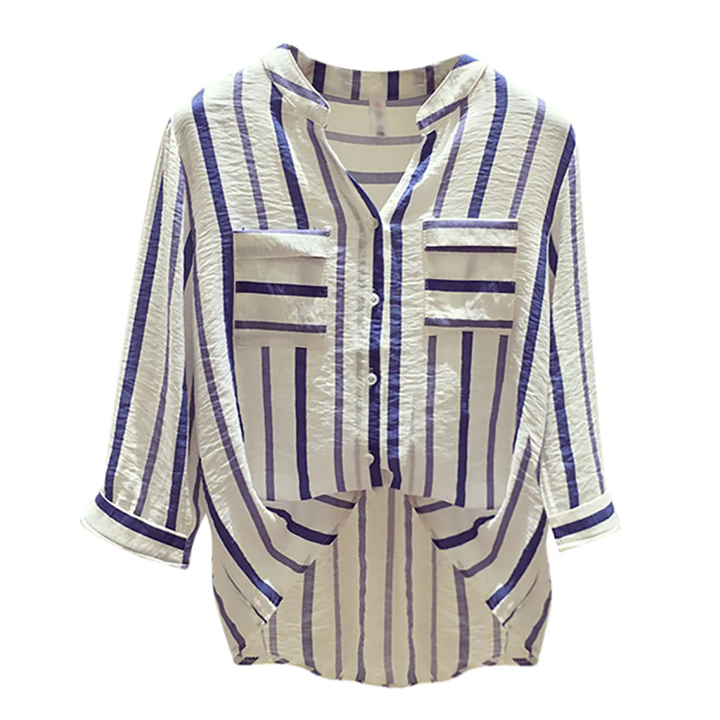 

CHAMSGEND Fashion women's blouse Polyester tunic women's Half Sleeve Striped V-Neck Loose Top Ladies Button Shirts Drop shipping