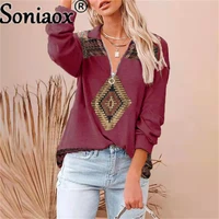 womens t shirt 2021 spring and autumn new fashion vintage printed zipper v neck long sleeve t shirt casual street top