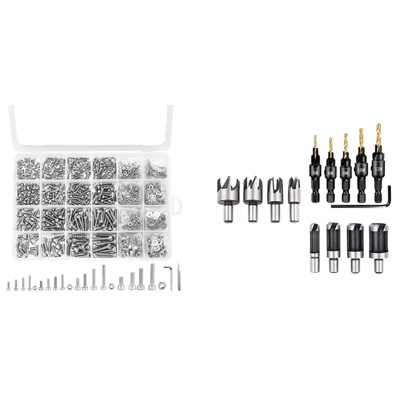 

Hot M2 M2.5 M3 M4 Hexagon Head Cap Machine Screw Set With 14Pc Drill Bit Wood Plug Cutter Screw Drilling Pilot Holes