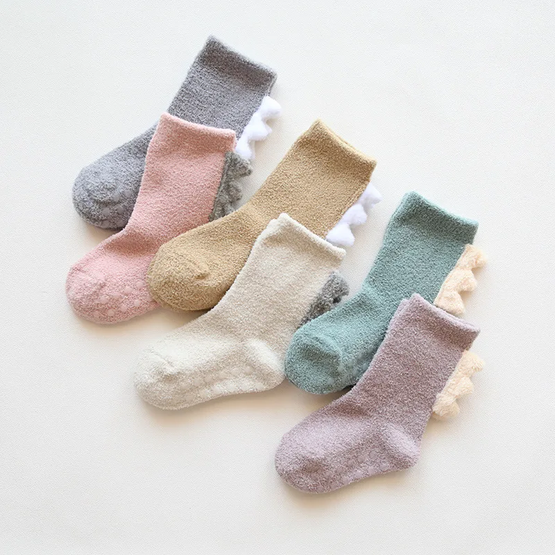 0-5 Years Baby Towel Socks Coral Velvet Thick Warm Dinosaur Kids Socks Non Slip Infant Baby Boy Girl Knitted Socks