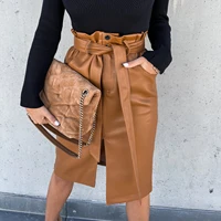 office lady high waist drawstring split pu skirts fashion elegant womens faux leather wrap bodycon skirts knee length