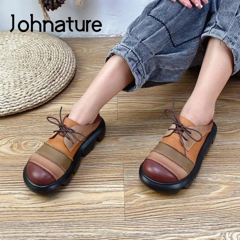 

Johnature Pumps Women Shoes Genuine Leather Mixed Colors 2022 New Autumn Retro Round Toe Leisure Concise Platform Ladies Shoes