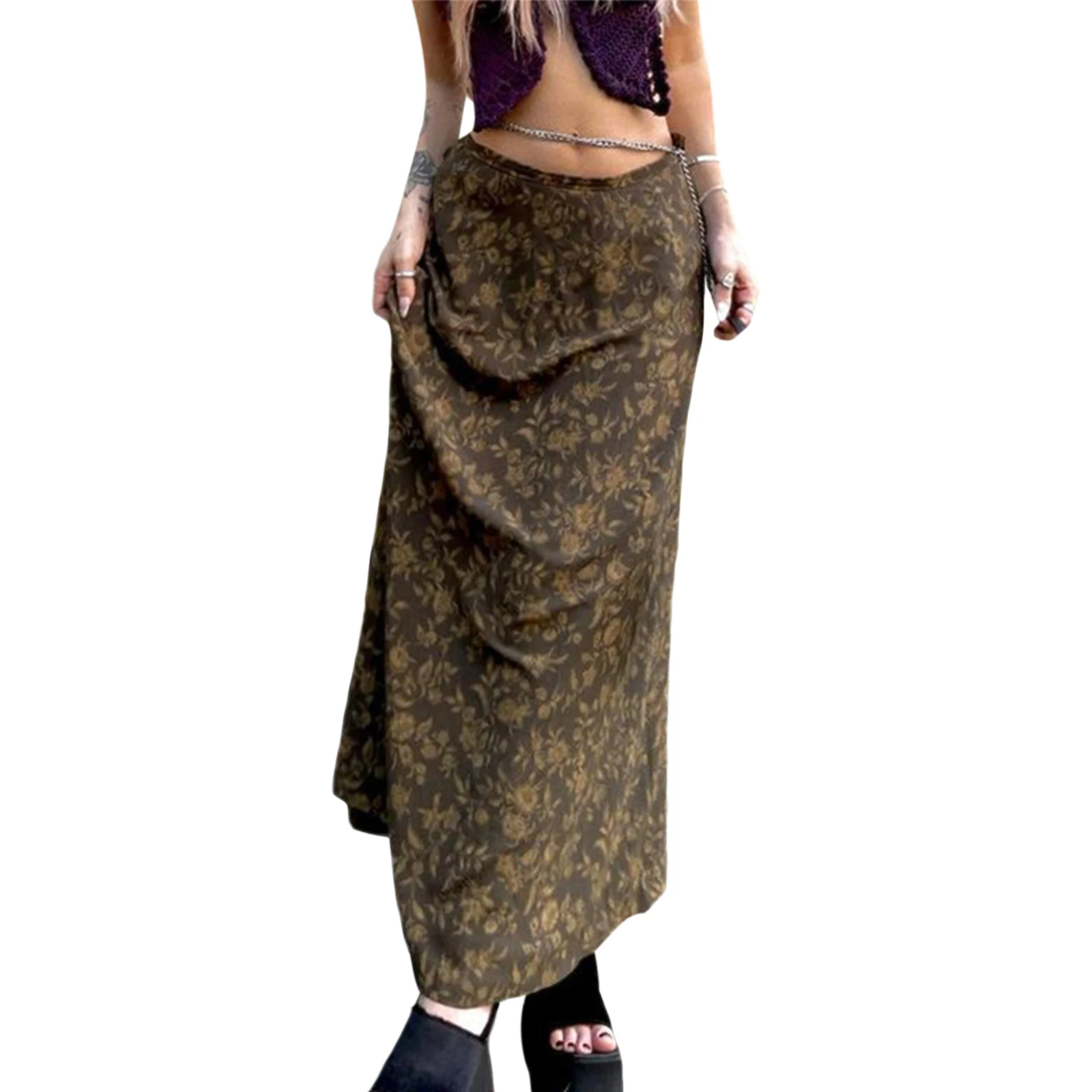 

Women Retro Style Skirt Tawny Leaves Printed Pattern Low Waist Flowy Skirt Vintage Skirt