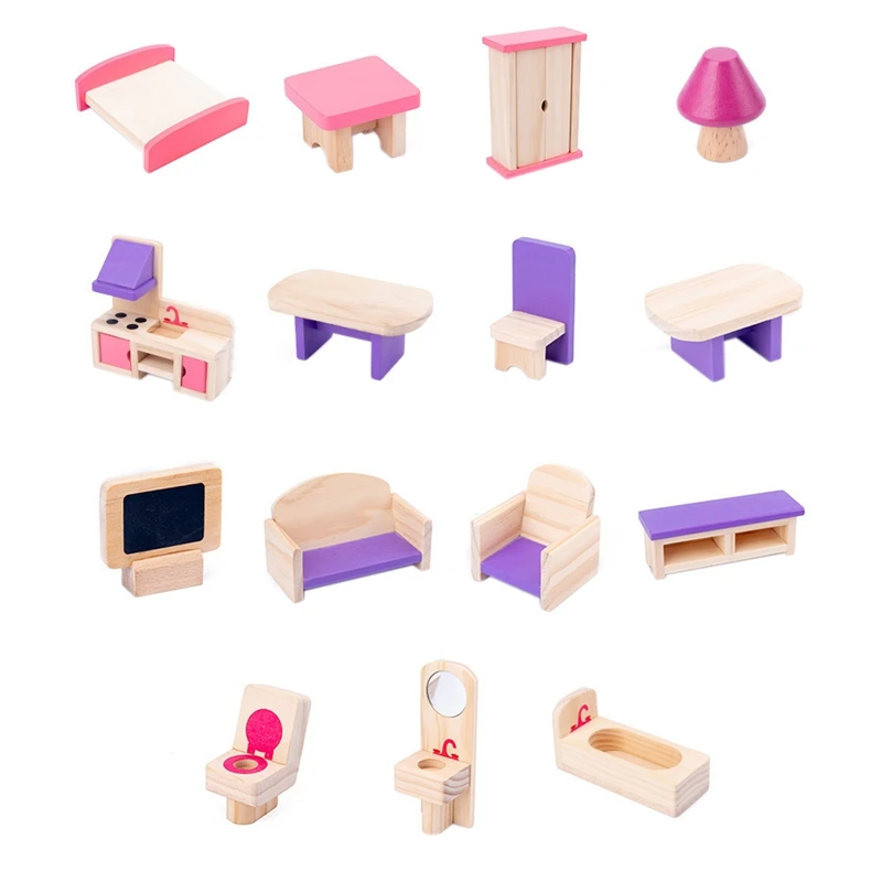 

19 PCS Wooden Dollhouse Furniture Playset Kids Pretend Play Toys Miniature Furniture for Children Dolls House Set