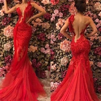 sexy red mermaid evening dresses appliques backless one shoulder deep v neck long women occassion prom gowns vestidos noite