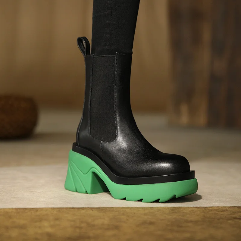 

Round Head Short Boots 2021 Spring And Autumn New Thick Heel Waterproof Platform Color Matching Thick Bottom Cowhide High-Heeled