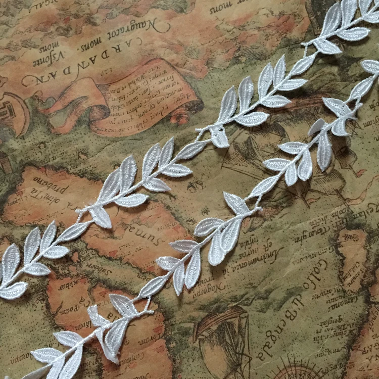 1 ярд 91 см Высококачественная кружевная ткань 2 вышитая лента с белыми листьями