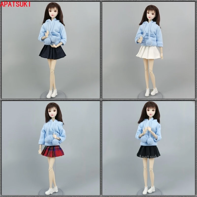 

4sets/lot Blue Fashion Doll Clothes Set for Barbie Outfits Sweatshirt Hoodies Pleated Skirt for 1/6 BJD Doll Accessories Toys