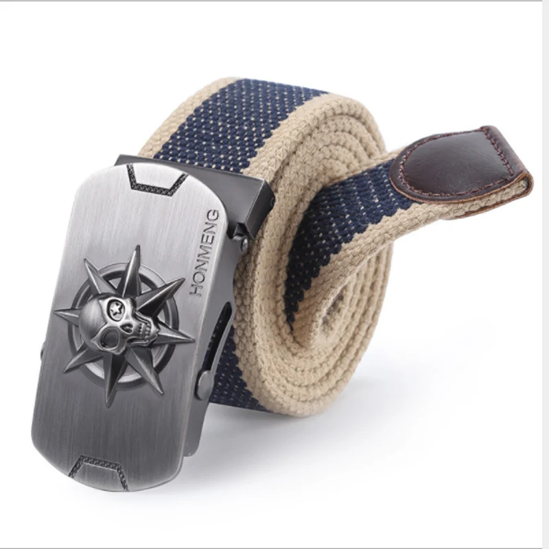 Aoluolan men's canvas belt Pirate Skull Alloy buckle military  Army tactical best quality Male strap