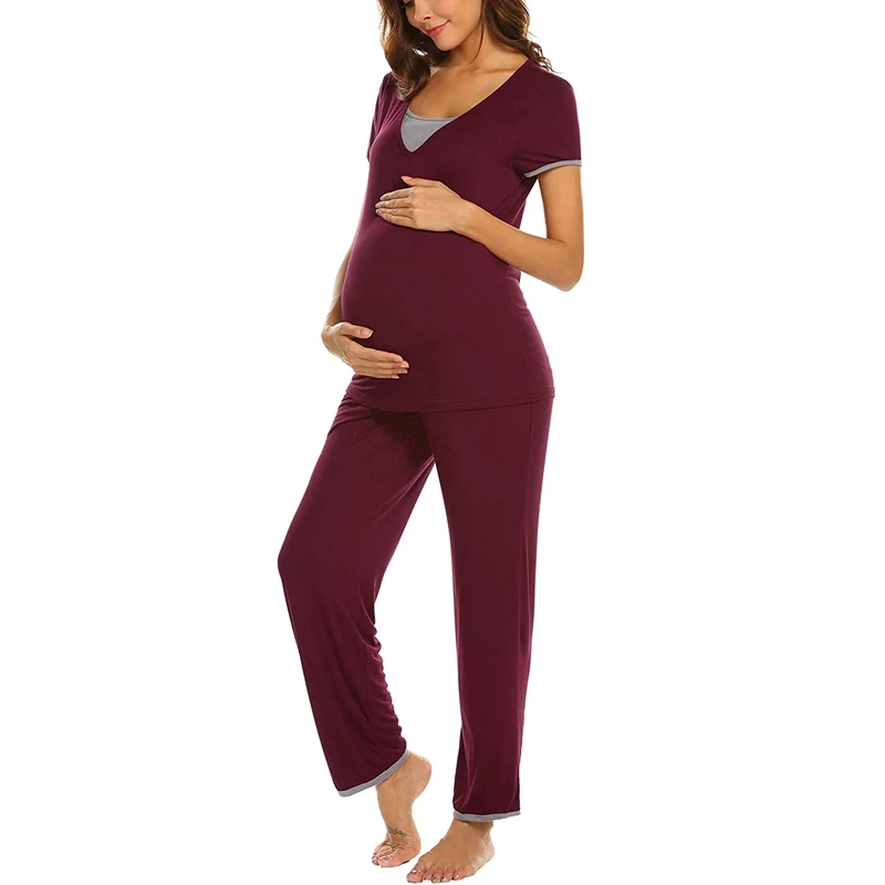 

Maternity Pajamas Women Maternity Short Sleeve Nursing Baby T-Shirt Tops+Long Pants Pajamas Set
