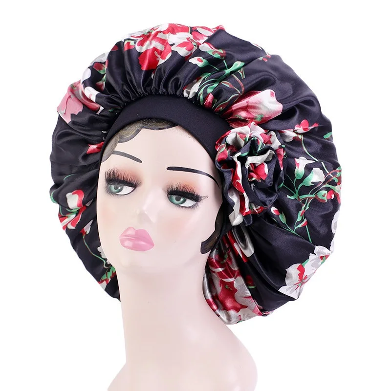 

New Satin print large round cap elastic wide brimmed nightcap Large Flower Headband cap