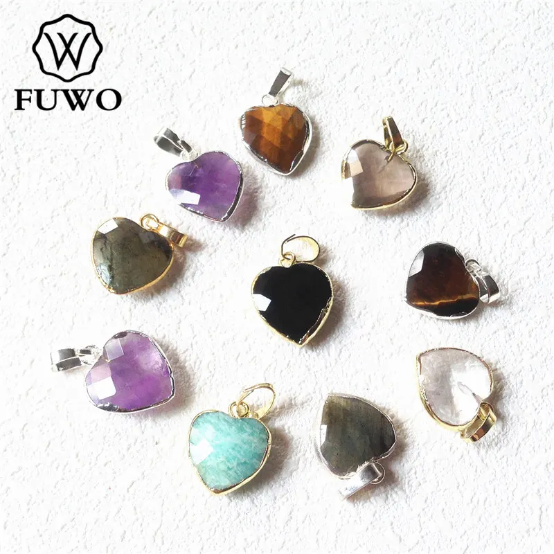 

FUWO Lovely Heart Crystal Pendant With Gold Trimmed Colorful Raw Quartz Charm For Jewelry Making PD267