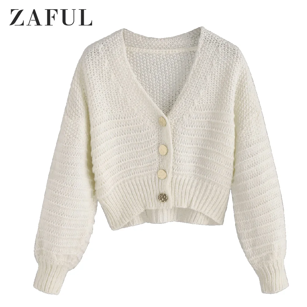 Женский короткий кардиган ZAFUL повседневный однотонный с рукавами-фонариками
