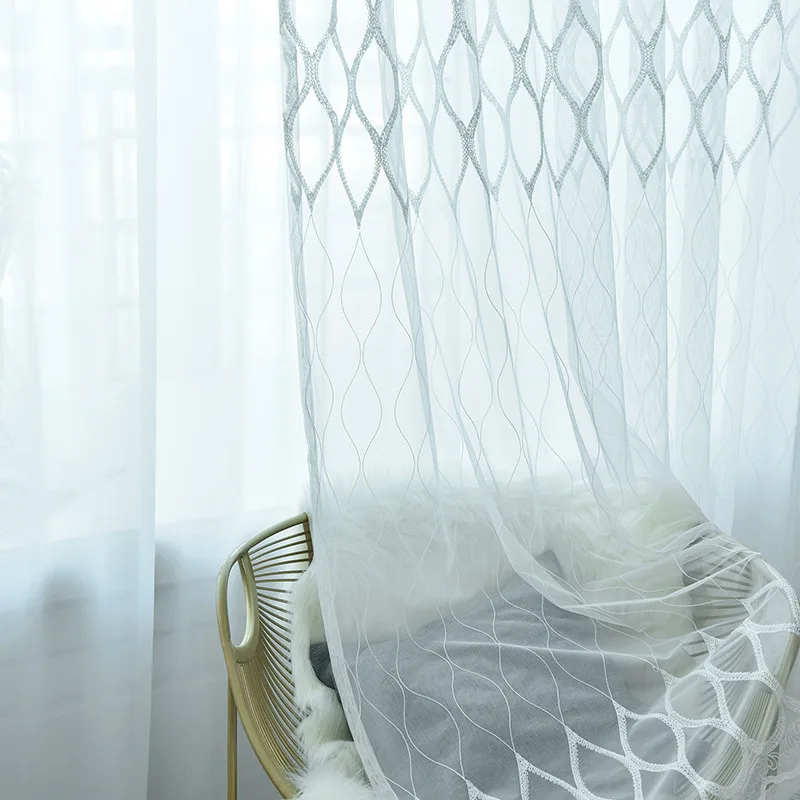 

Simple Geometric White Screen Window Embroidery Screen Window Custom Curtain for Living Room Bedroom