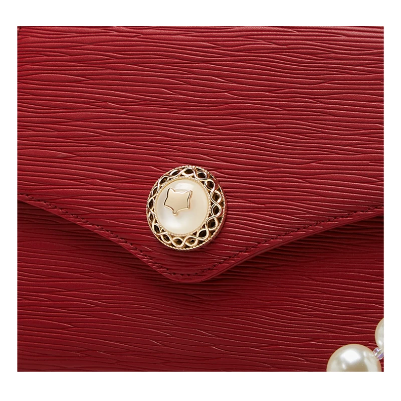 

OIMG Fashion Luxury Designer Womens Bag Natural Leather Red Solid Color Simple Pearl Bracelet Hand Messenger Bag Europe New 2021