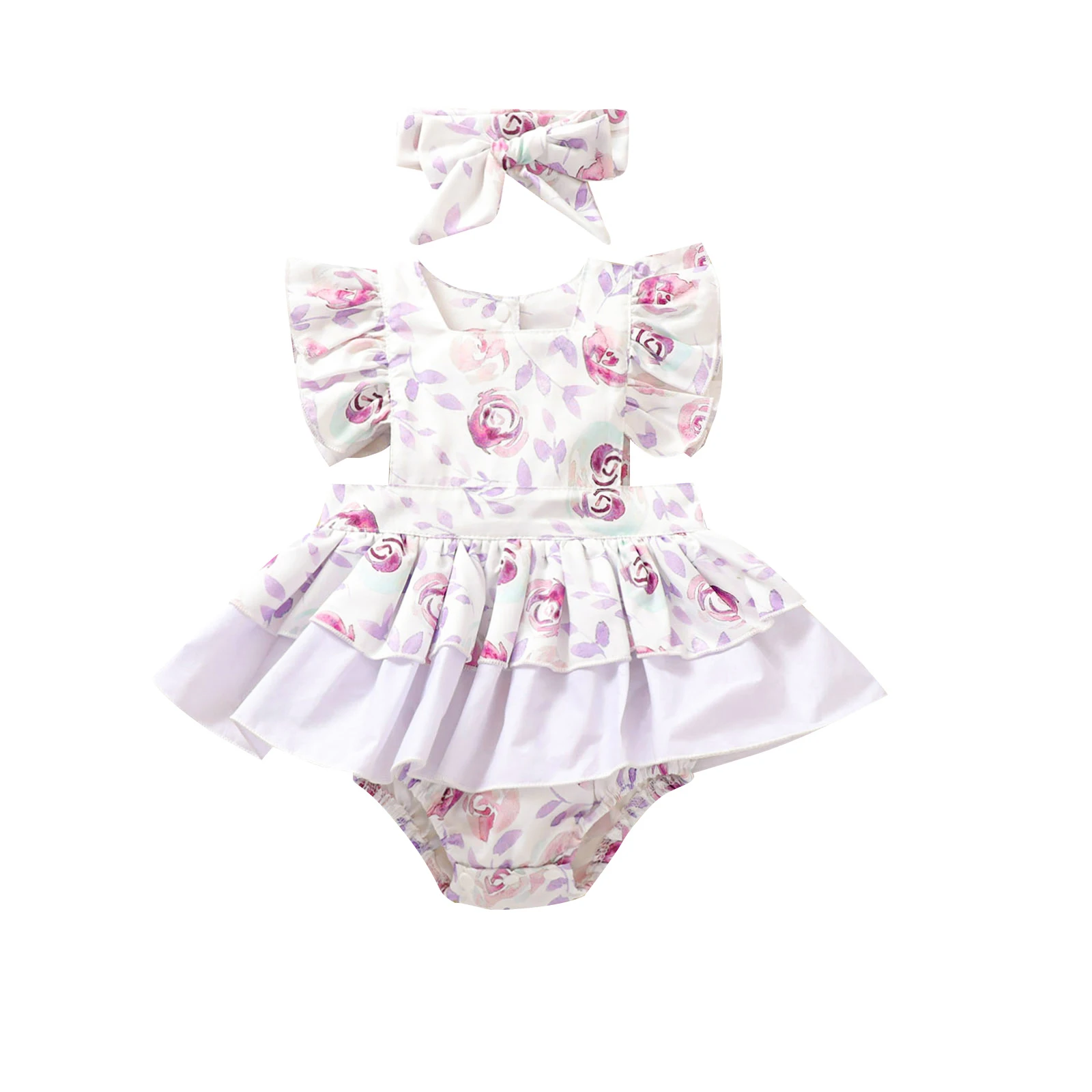 

Baby Girls Romper with Headband Girls Flower Print Square Neck Fly Sleeve Jumpsuit+ Hair Band for Summer