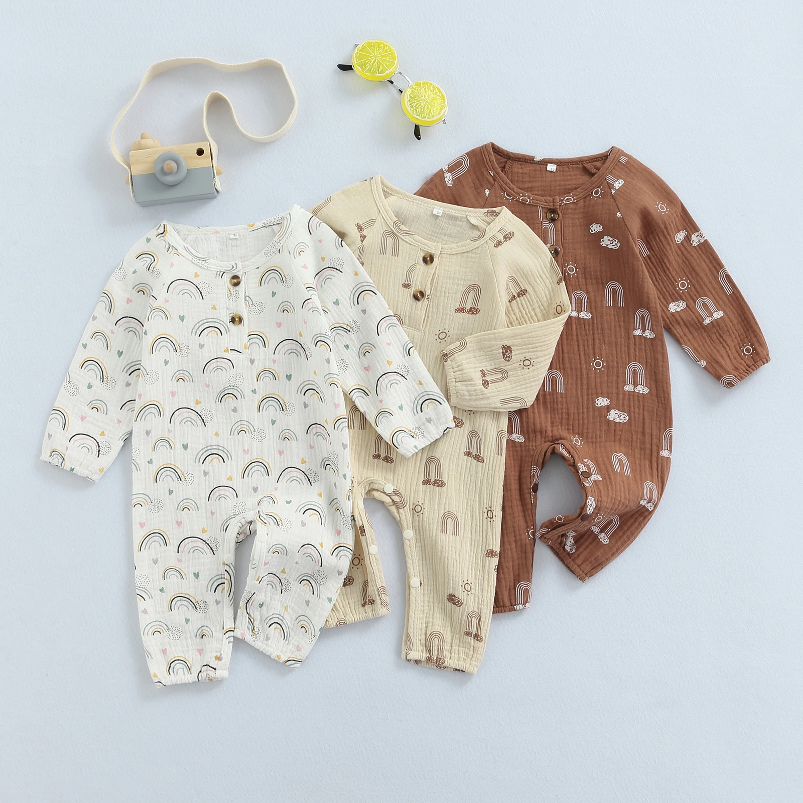 

Осенние радужные Комбинезоны для маленьких девочек и мальчиков, длинные брюки с длинным рукавом и круглым вырезом, Комбинезоны на пуговица...