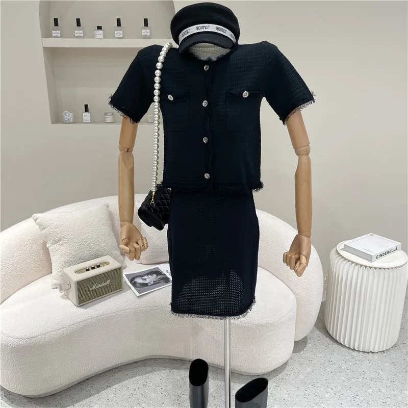 

Women's clothing Spring Summer 2021 Fashion New Breasted short sleeve cardigan Coat top + high waist skirt