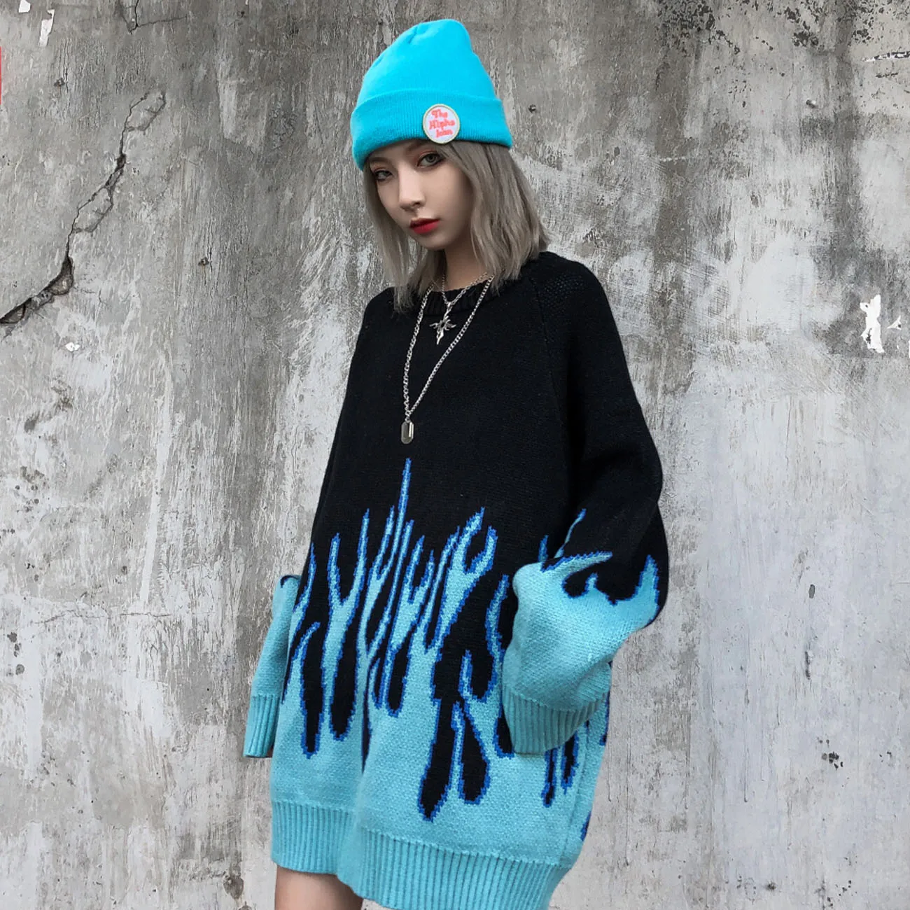 TRIYO 2021 Hip Hop Sweater Pullover Women Blue Fire Flame Knitted Harajuku Streetwear Tops Casual Couple Top Black | Женская одежда