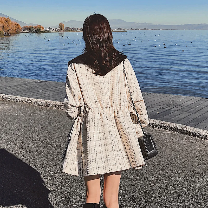 

Ladies Lattice Stitching Windbreaker Women Fashion Loose Spring Autumn Trench Coat Casual Lapel Female Jacket Doll Collar