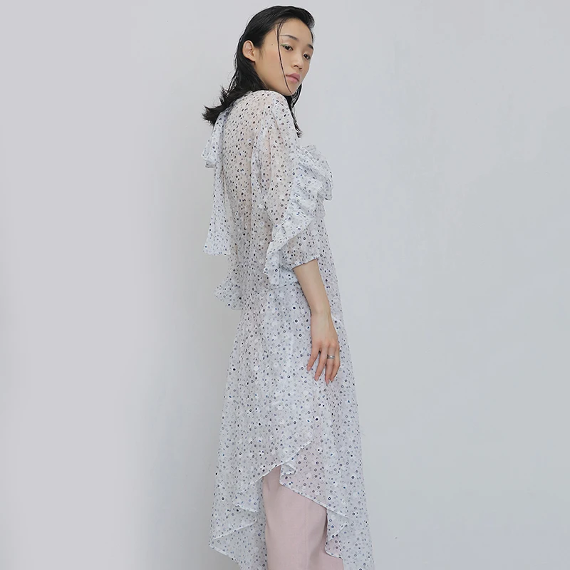 

[EAM] Women Printed Perspective Irregular Big Size Dress New Stand Collar Long Sleeve Loose Fashion Spring Summer 2021 1U570