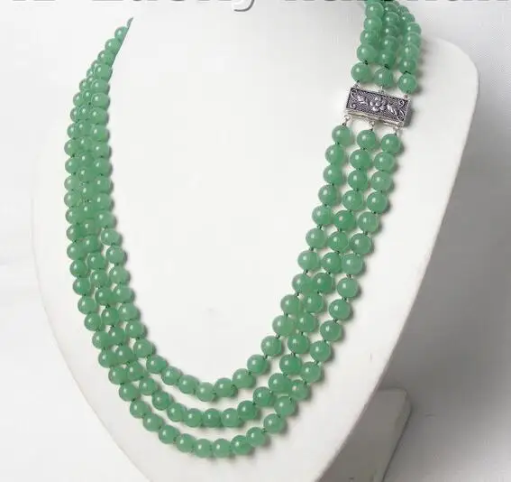 

new hot 3row 8mm 100% nature round green jade necklace