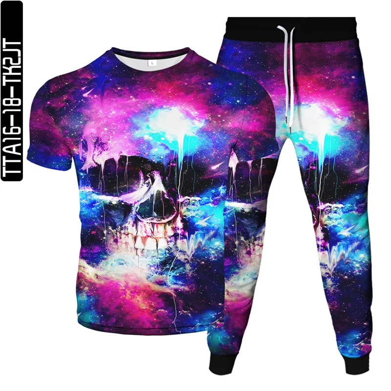 

2021 summer new brand men's T-shirt + sweatpants two-piece 3D printing horror skull jogger hip hop goth punk style S-6XL
